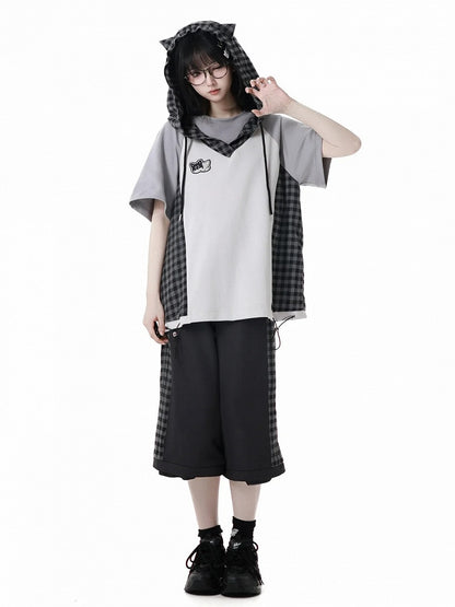 Wear Ways Zip Cuffs Techwear Zwei Hosen/Shorts Schwarz kariert mit Druckknopfgürtel