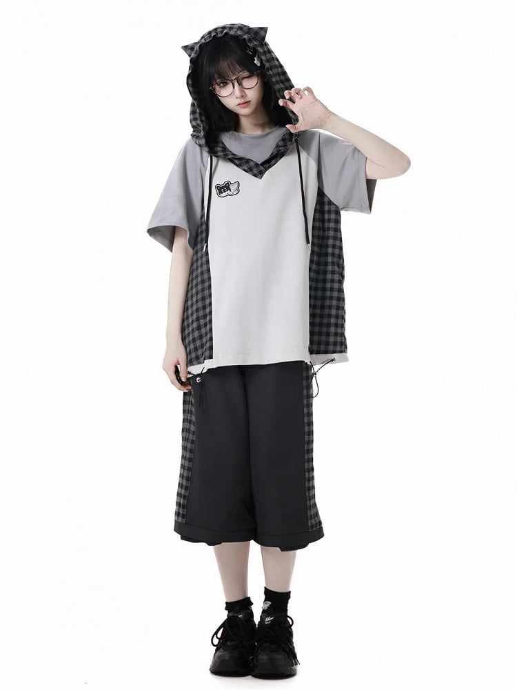 Techwear T-Shirt Plaid Patchwork Design Wolf Stickerei Wolf Ohren Kapuze Grau