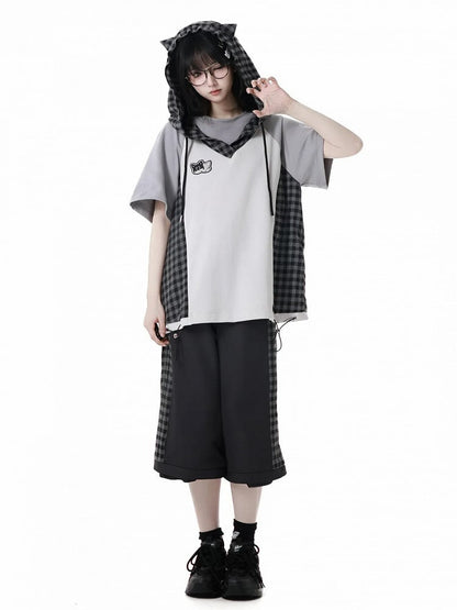 Techwear T-Shirt Plaid Patchwork Design Wolf Stickerei Wolf Ohren Kapuze Grau