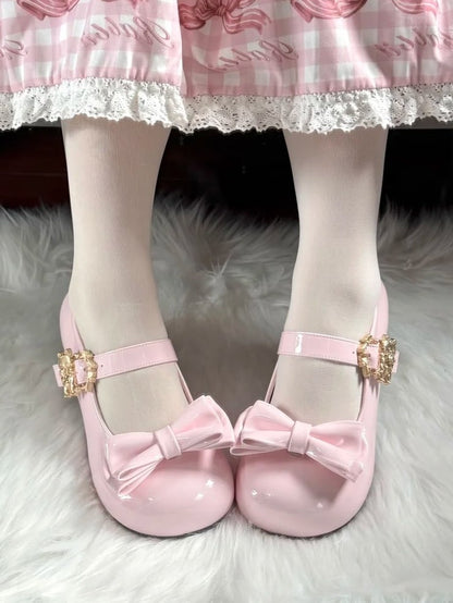 Low-heel Bow Round Lolita Toe Buckle Detail Adorable Shoes with Decor Mary Pink Cat Janes -