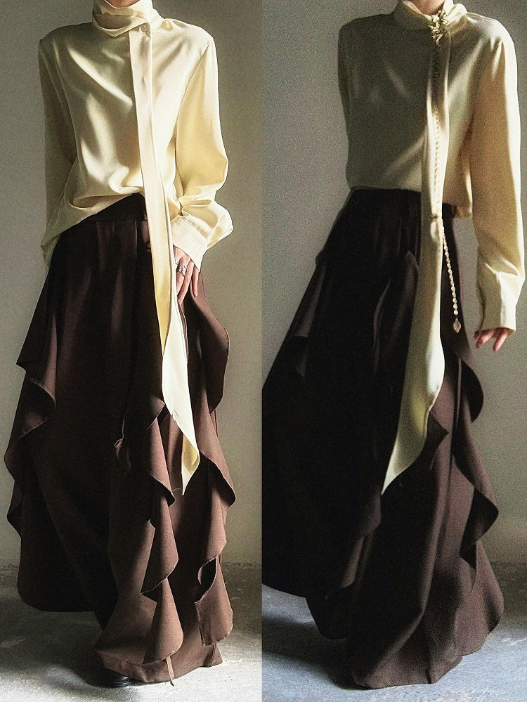Yellow with Neck Prince Flowing Design Ouji Shirt Ribbon Mock - Accents