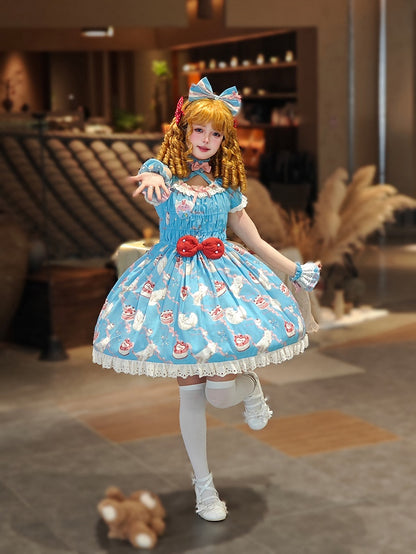 伸縮性のあるプリントのキティのスモックブルーのリボンのボディスロリータとピーススイートワン