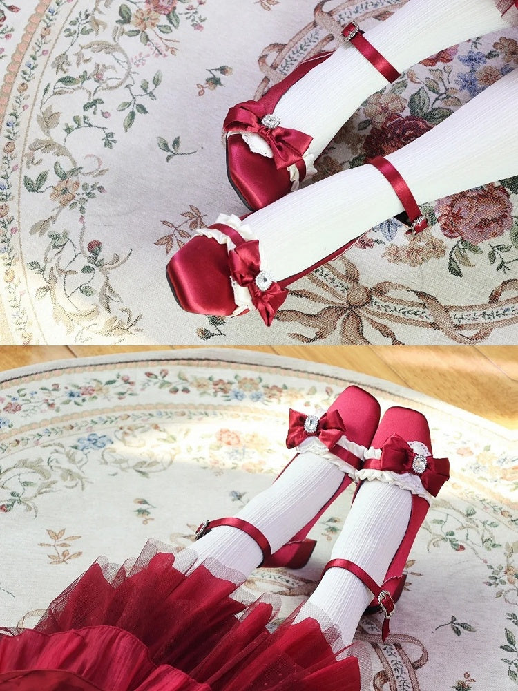 Mid-heel Classic with Bow Ruffles Red - Square Accents Lolita Shoes Layered Toe Removable Design