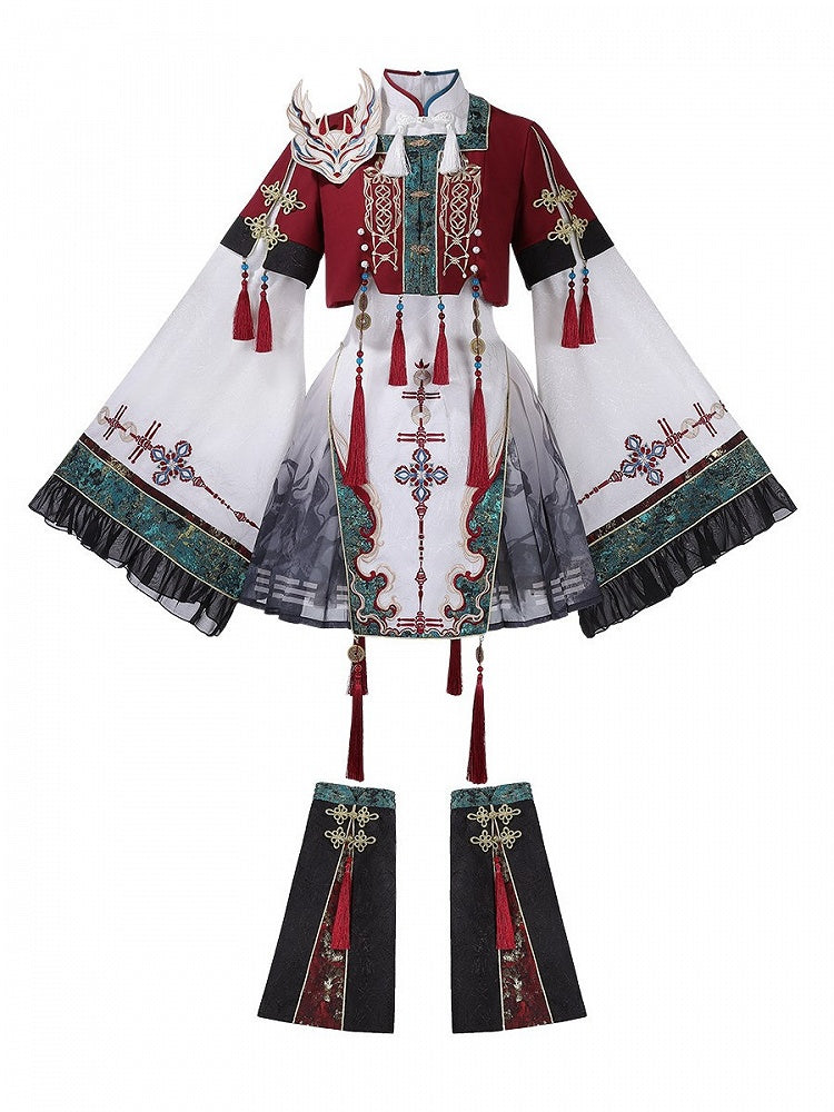 Wide Sleeves Chinese Knot Embroidery Han Lolita Dress Fox Patch Cropped Top Set - Unknown Star
