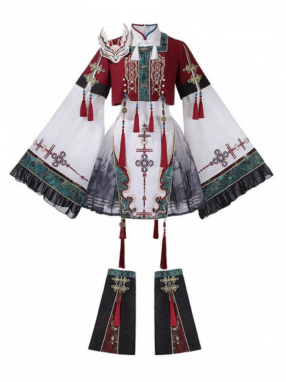 Wide Sleeves Chinese Knot Embroidery Han Lolita Dress Fox Patch Cropped Top Set - Unknown Star