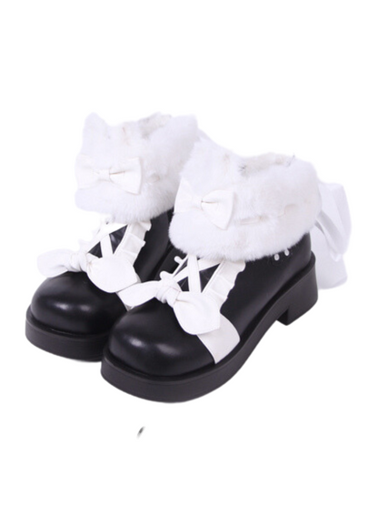 Boots Snow Mid Velvet Color Lolita Block Short Ribbon Heel Sweet