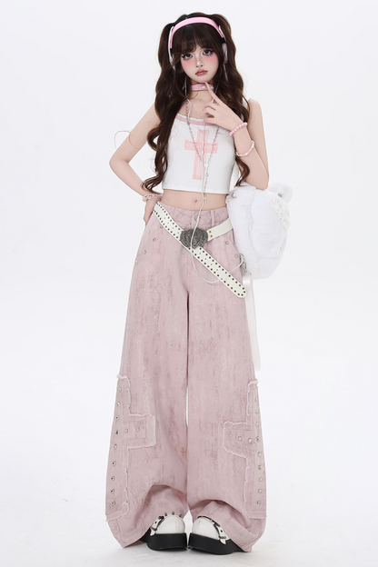 ピンク ハイワーク ストレートパンツ レッグ デニム ウエスト