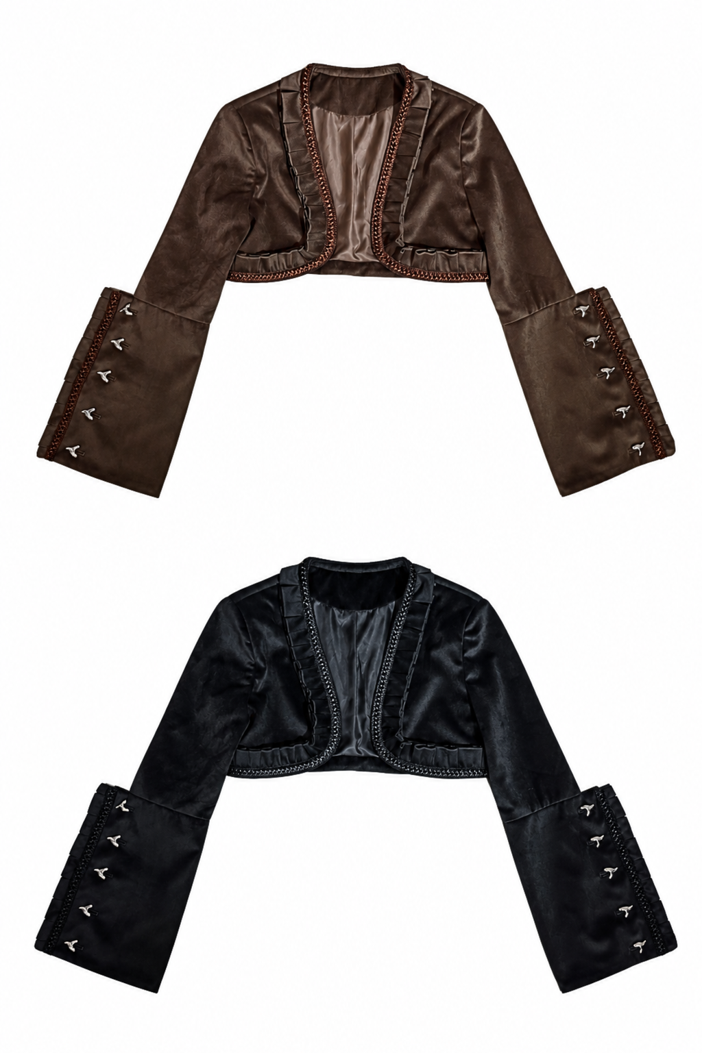 Steampunk Brown x Gothic Black Velvet Ruffle Heart Motif Cuff Cropped Jacket