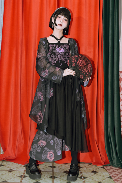 デザインアシンメトリーフローラルメッシュレイヤースカート