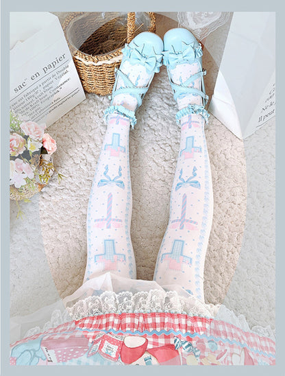 Black/Pink/Blue Sweet  Lolita Cross and Bowknot Print Overknee Stockings