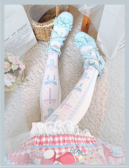 Black/Pink/Blue Sweet  Lolita Cross and Bowknot Print Overknee Stockings