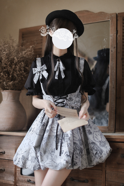 Retro Bow Ribbon Item Suspender Shirt Reserved + Tie Skirt