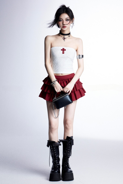 + クロスケーキフリルフーディースカートスリムフード付きトップチューブ