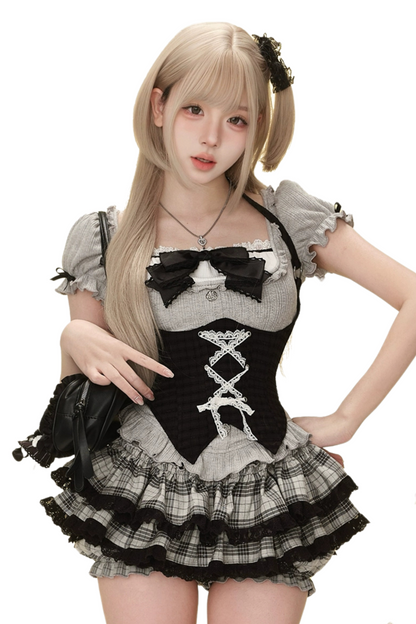 ベルト+ランゲージスカート ムーンライトトップ ブラックチェックウエスト シークレットケーキ