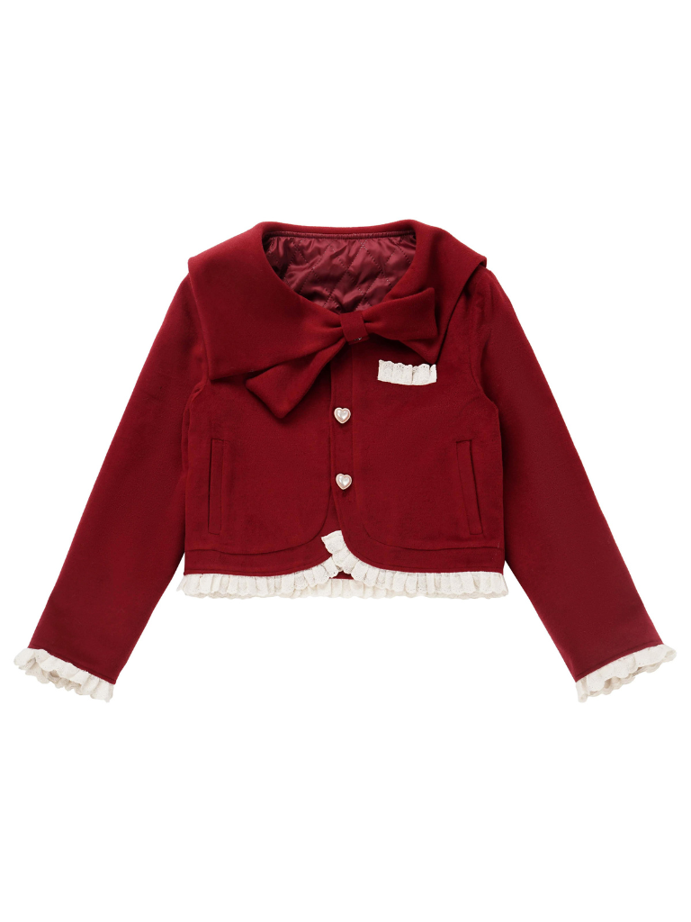 Ribbon Frill Short Jacket Singing Stand Color Dark Print Shirt Skirt Suit