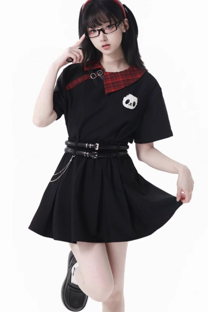 Comic Crop Top Rock Kleid Plissee Love Check Panda +