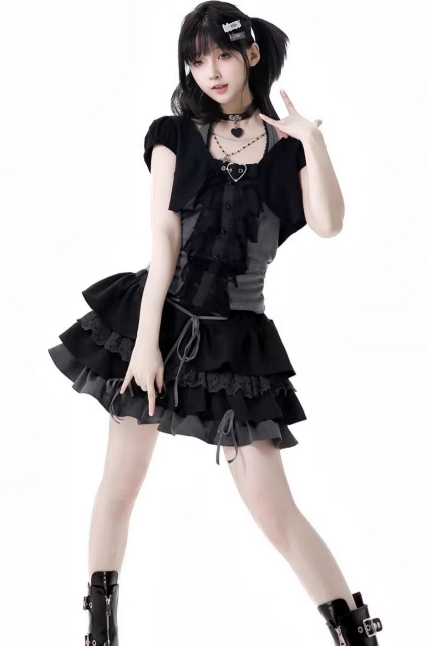 short neck cardigan lace top halter skirt + Vintage