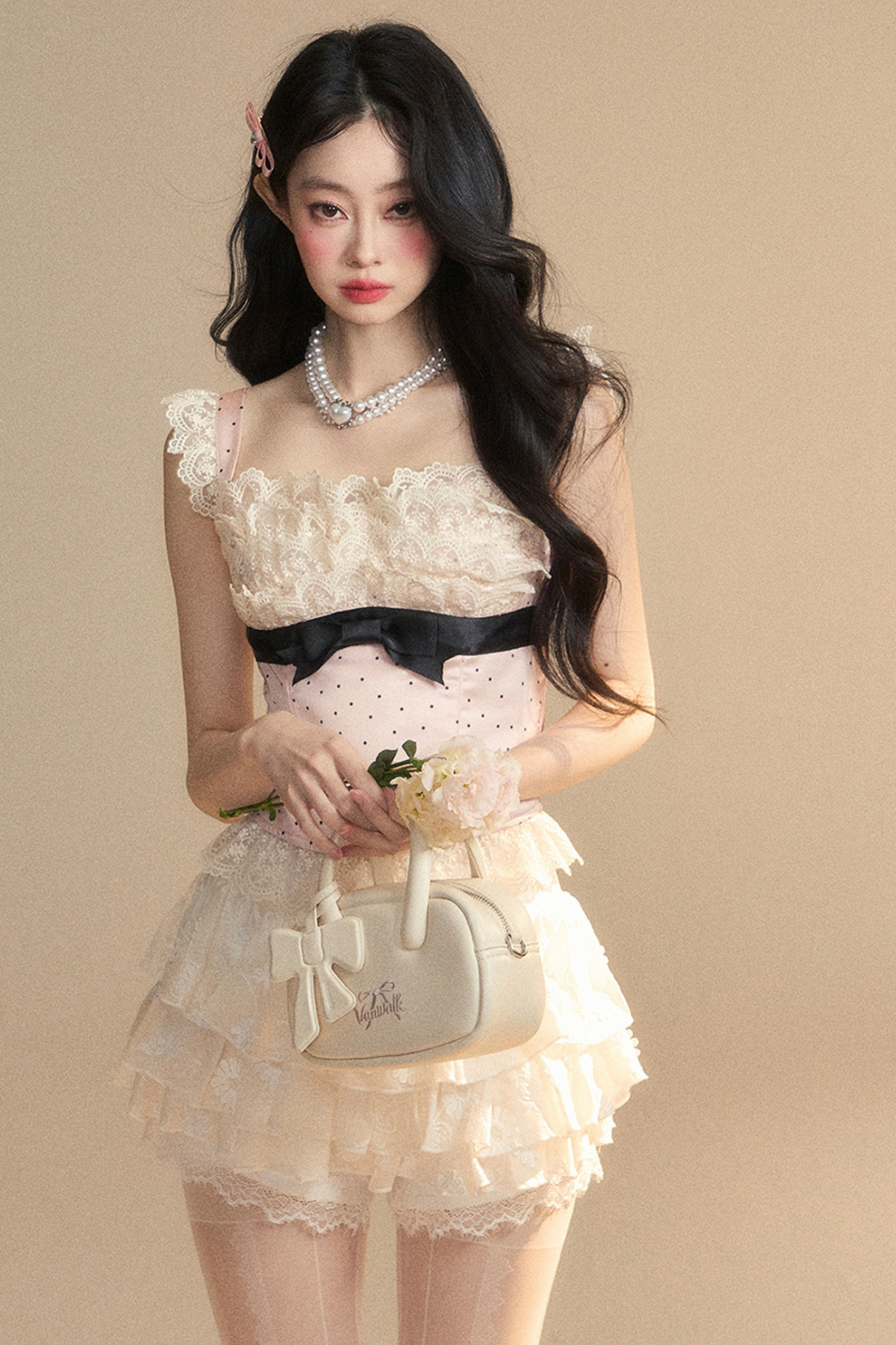 予約 トップス タイト ノースリーブ レース ドット ガーリー