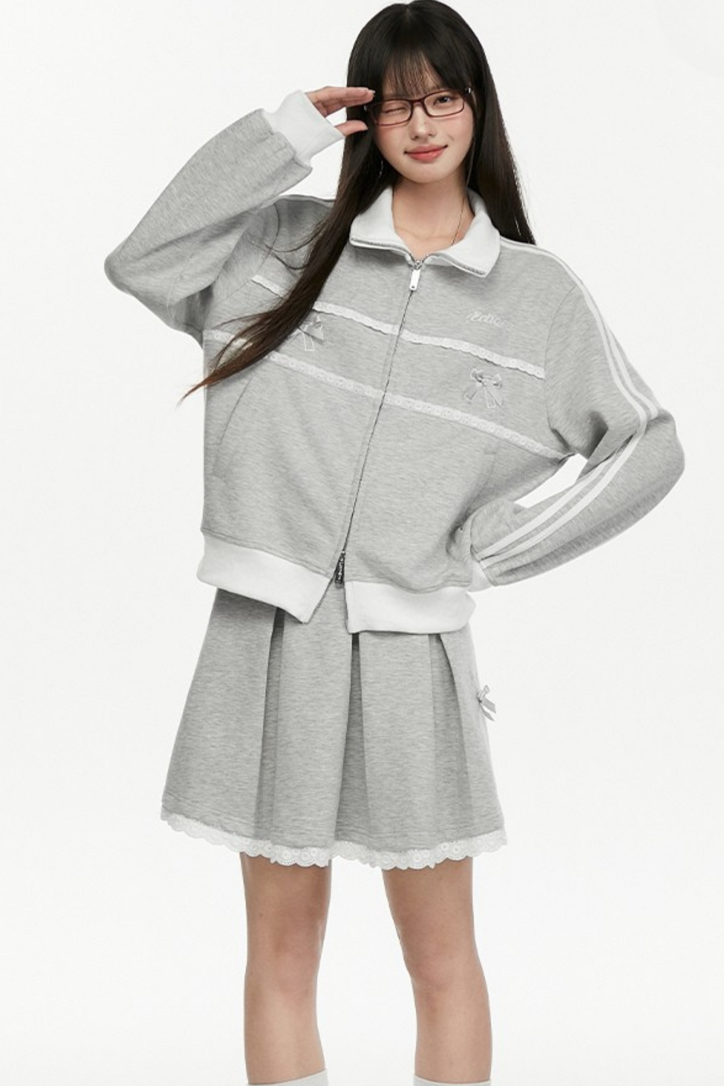 プリーツ+リボンラインスカート レースジャケット