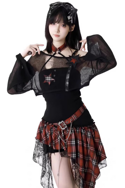 シックなショルダーロックショートワンピース+ショートパンツトップチェック