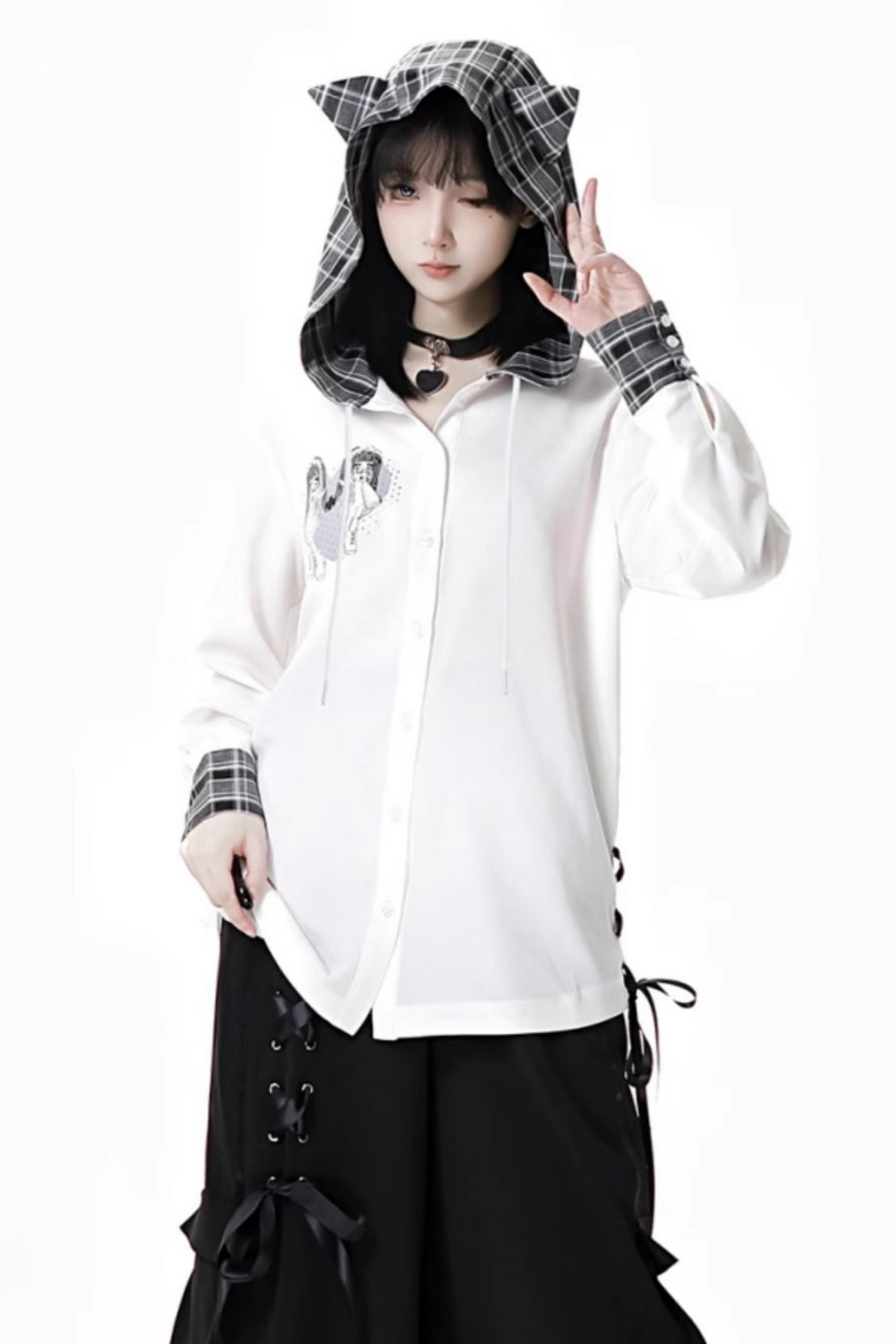 + ハーフチェックフード付きトップスパンツシャツ