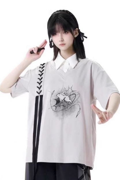 モードなトップスTシャツパンツワイド+デザインレースアップウエスト