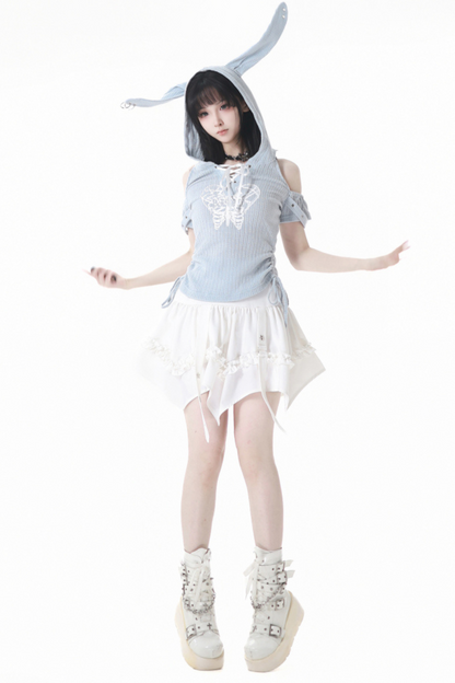 トップスカート + オフショルダーのウサギのフード付きケーキ