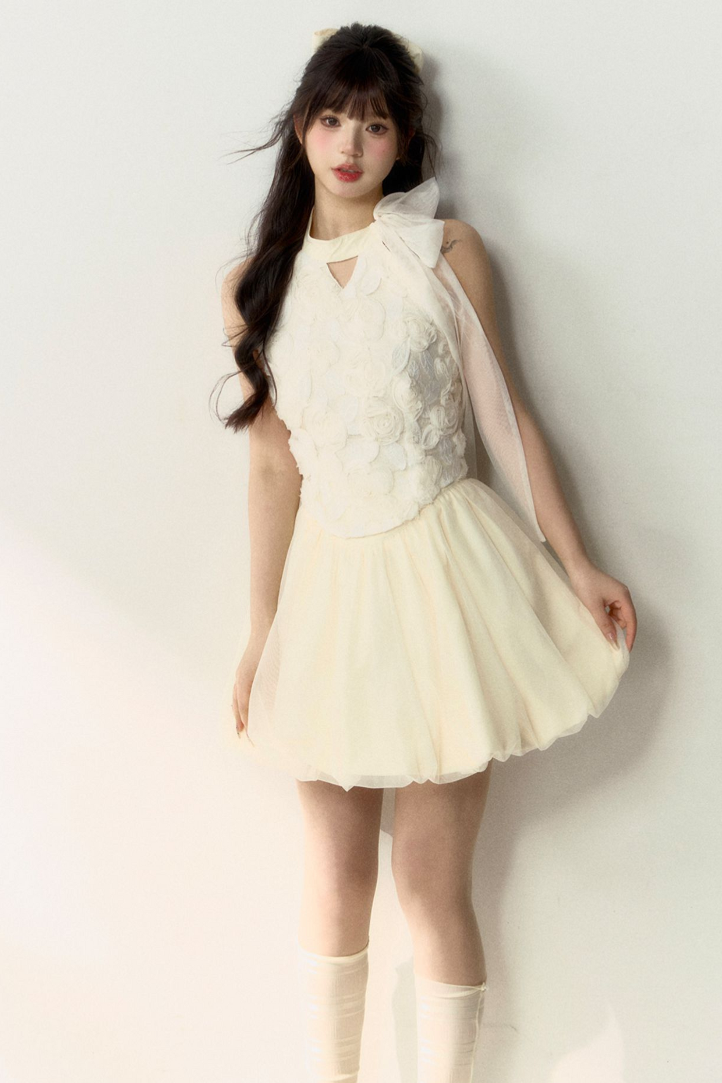 ロング丈＆スイートなノースリーブショートフラワーフレンチスカートバルーントップ