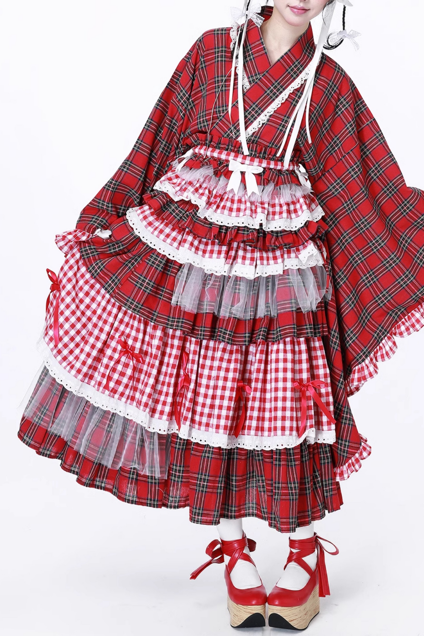 レッドシック着物レトロチェックスカート