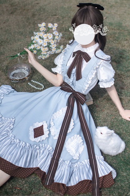 リボンシャツ レトロなヘアゴム ご予約＋ブローチ アリス風クリップスカート サスペンダー