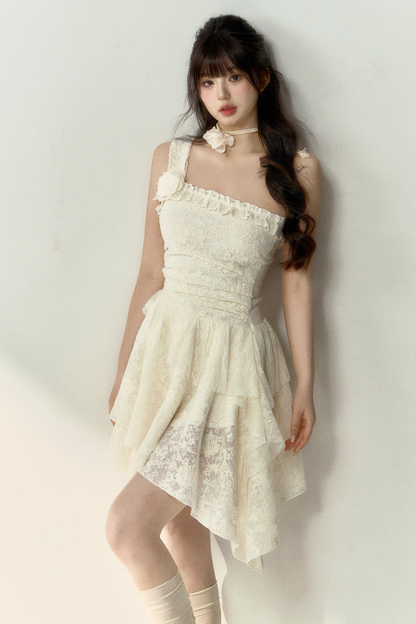 Blumenkleid Asymmetrisch Spitze Ärmellos