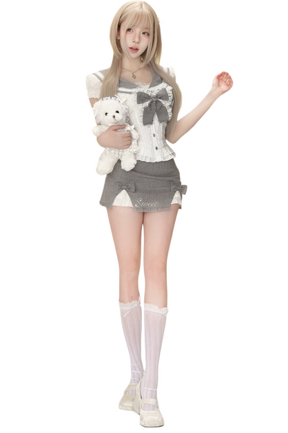 Weiß Grau Zucker Französisch Milch + Rock Top Creme Sailor Engen Mini