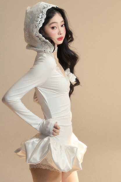 Ballon-Kurzes Spitzenkleid mit Kapuze und Ballettkern