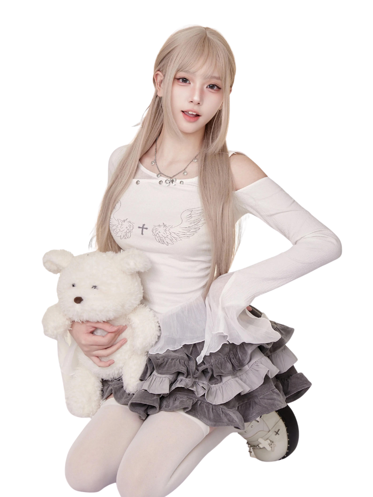 スカートトップ + クロスエンジェル ホワイトグレー