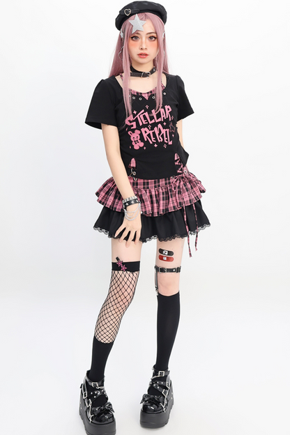 チェック柄トップス + クロップ Y2K スカート