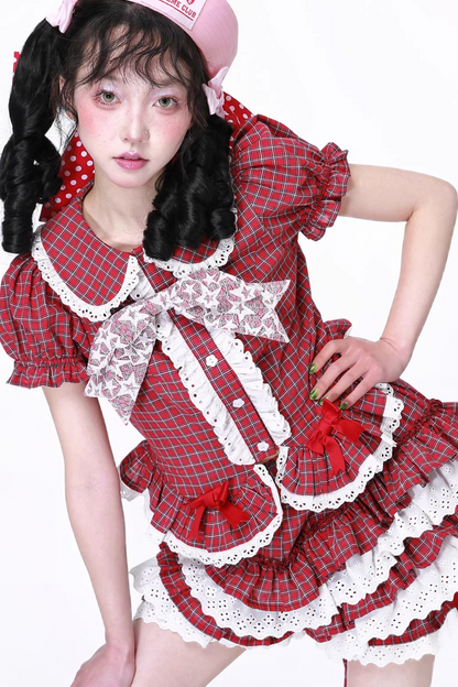 トップススリーブチェックパフレトロ