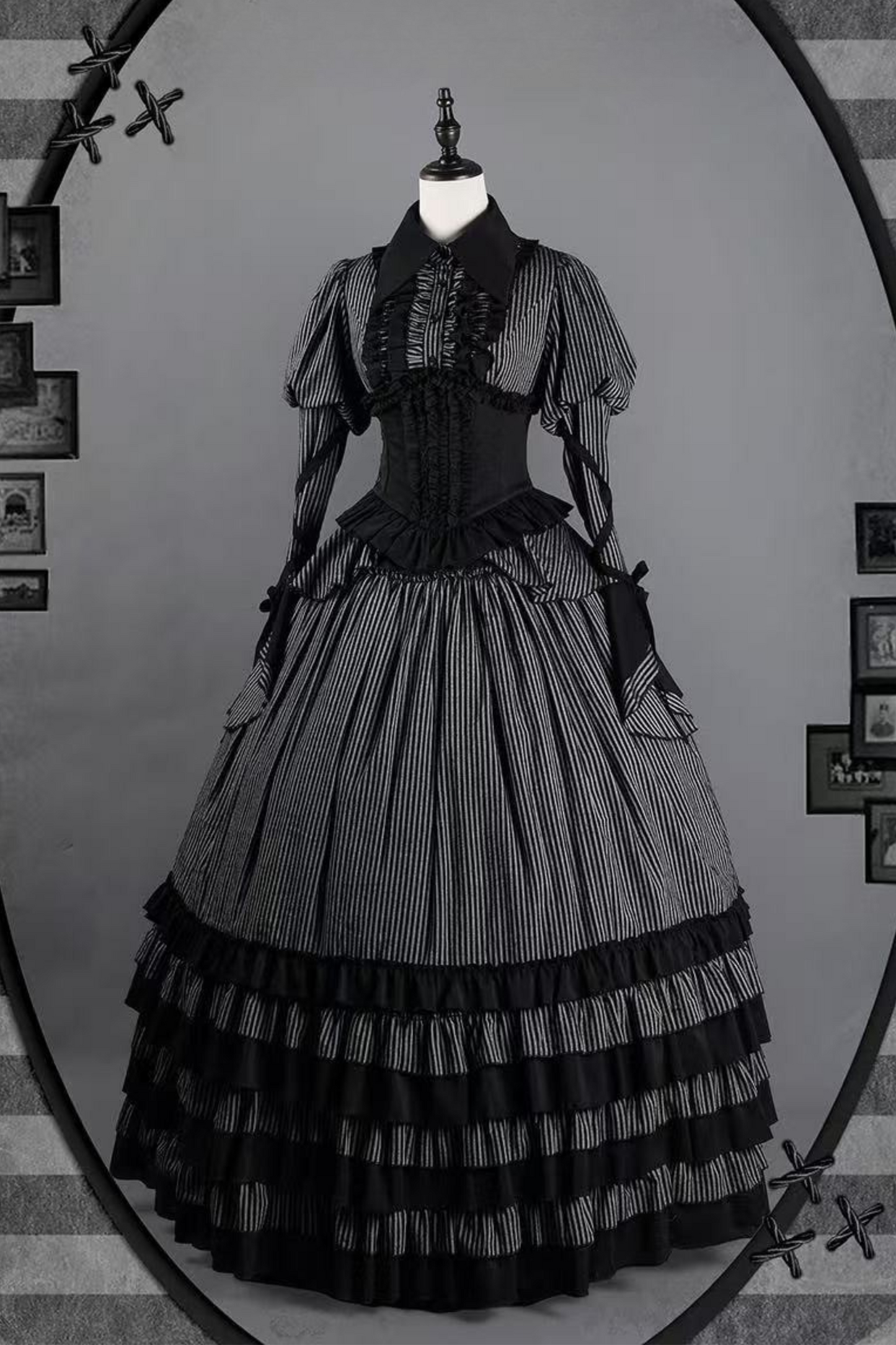 Hemd mit Zwickelärmeln + Reservierungen Rock gestreiftes Korsett Dunkel