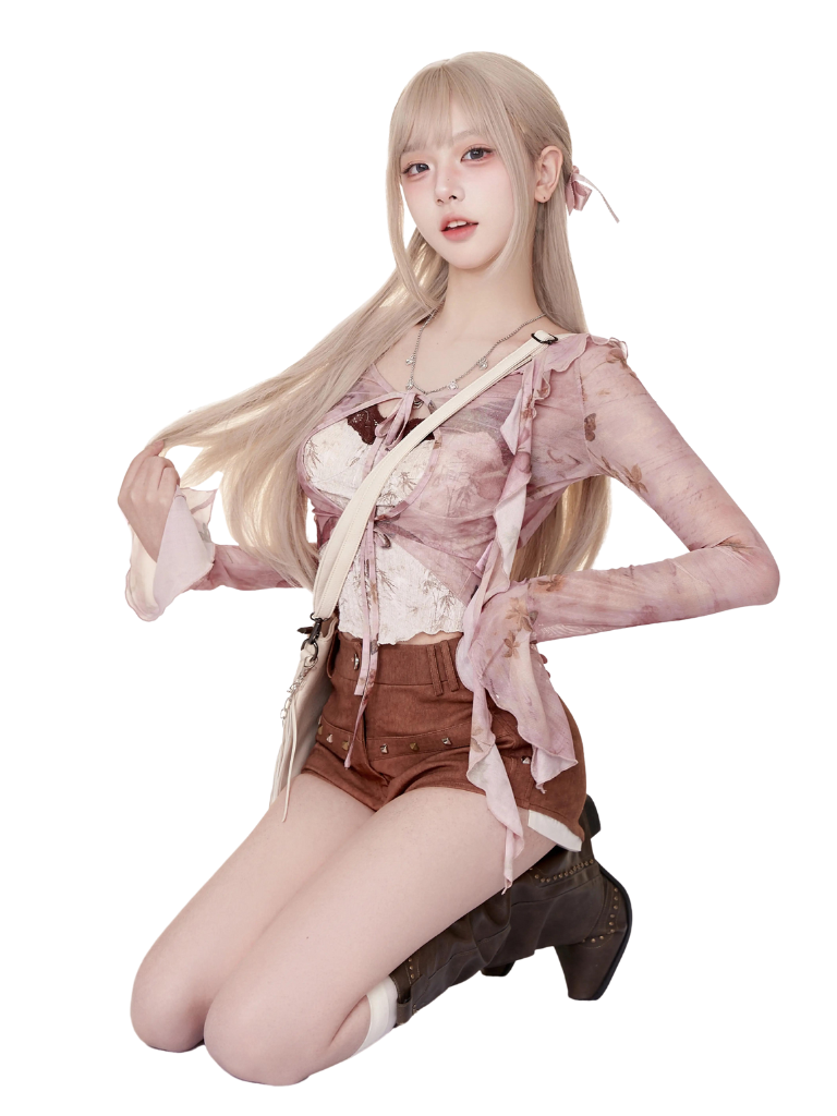 コーヒー＋ベージュ＋サスペンダー ピンクのトップス ムーランショーツ バタフライカーディガン ブロークン