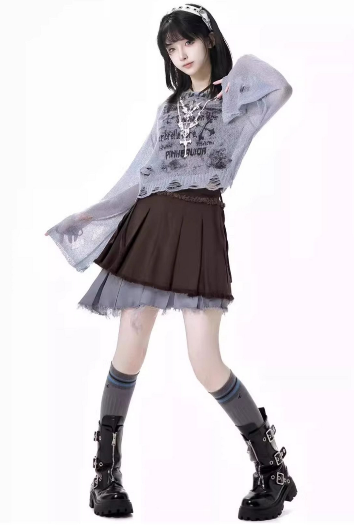 スカート + ブルーのビスチェトップ、ダークチェック、Y2K、アシンメトリー