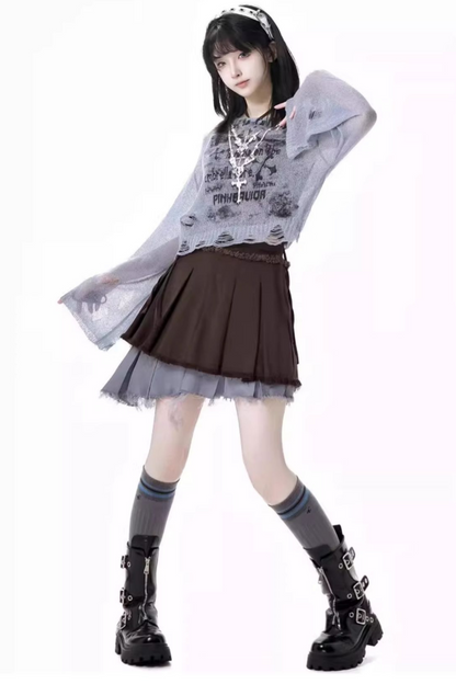 スカート + ブルーのビスチェトップ、ダークチェック、Y2K、アシンメトリー