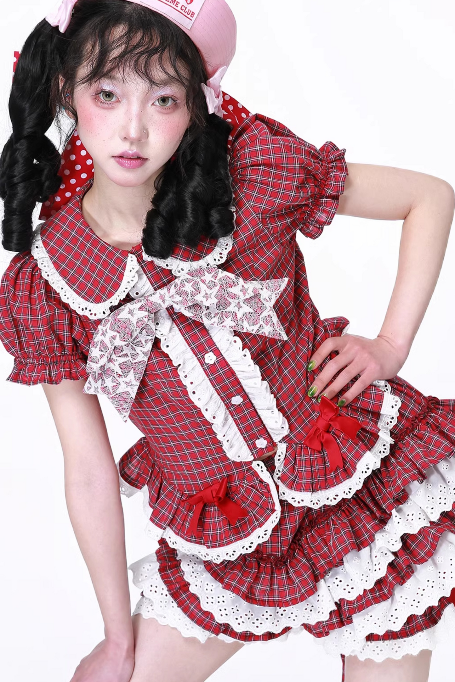 レトロトップスリーブチェックパフ