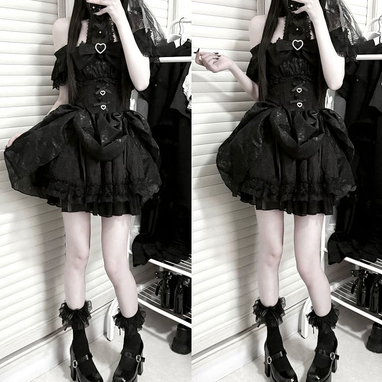 Rock mit Kordelzug in Schwarz/ Jirai Kei Abnehmbares Neckholder-Kleid-Design in Weiß