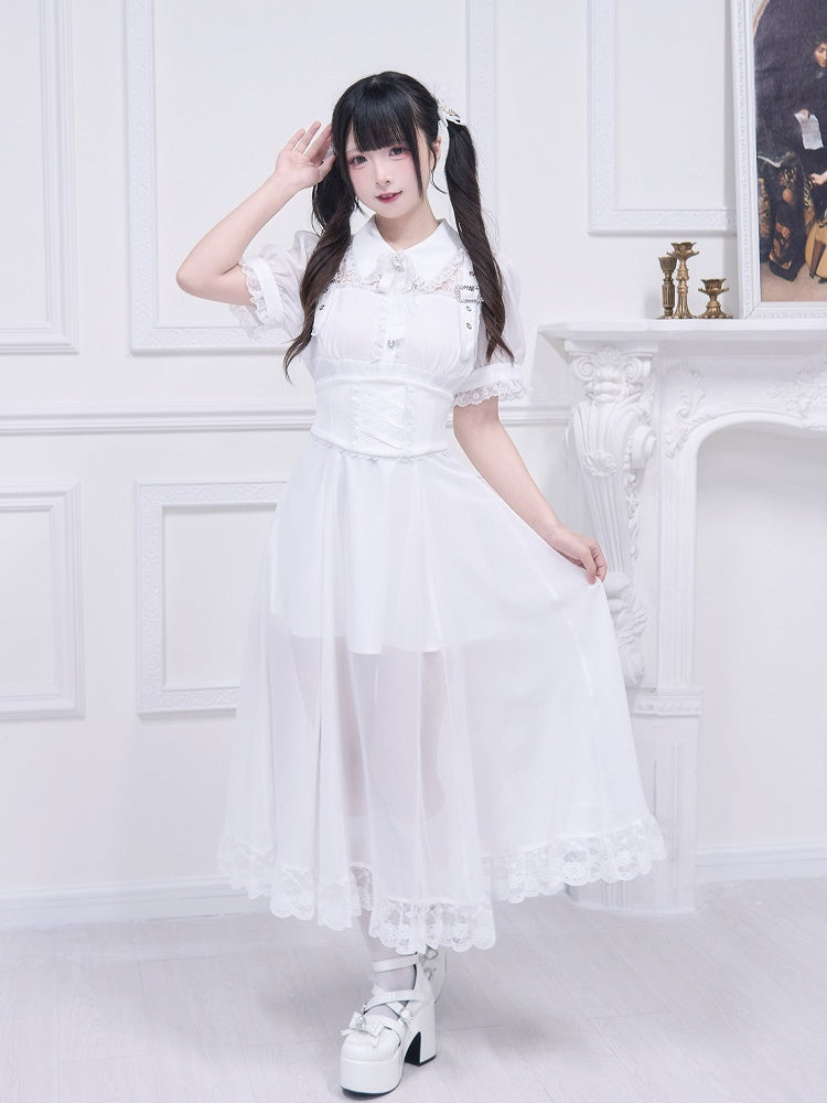 Kostenloser Gürtel Ausschnitt Schnalle Jirai Kei Weiß Lange Kleid Illusion Akzente Korsett mit