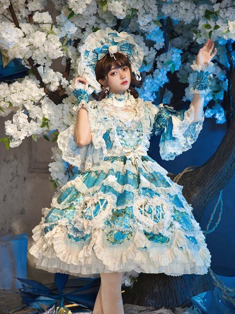 Floral Blue Edge with Hem Lolita Dress Print Scalloped Hime Lace