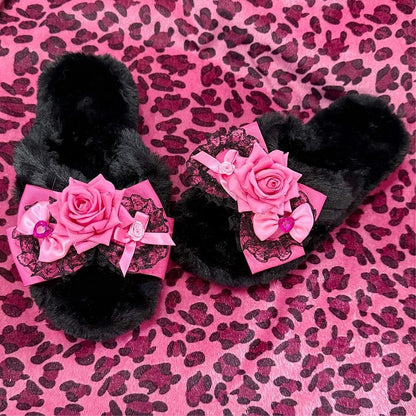 Fashion with Bow Slippers Plush Black/White Pink Gyaru Hime