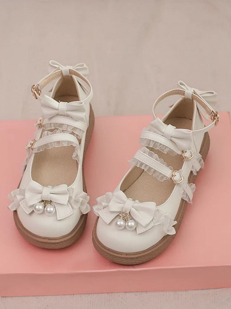 Trim Top White Bow Shoes Lolita Straps Buckle Crisscross Ruffles Hime Flat Lace at with