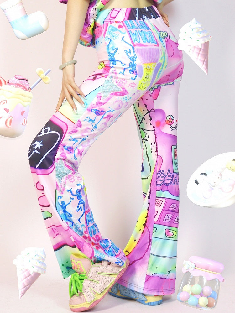 Cartoon Silhouette Hose Flare Print Y2K Bunt