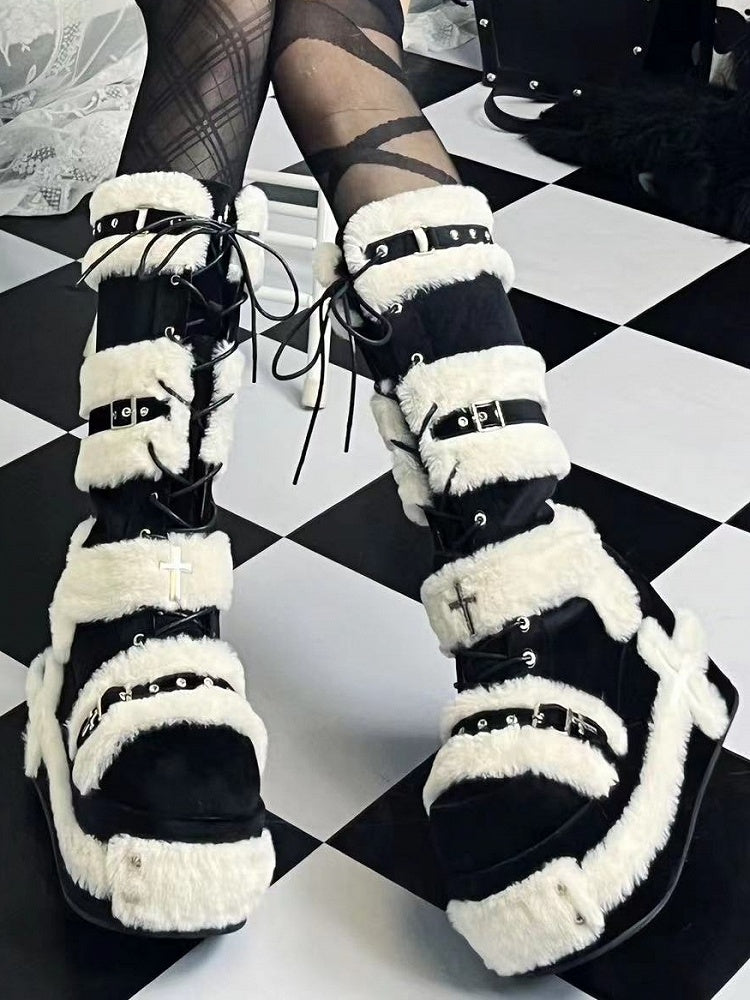 Y2K Details Dual Studded Cross Knee-High Platform Closure Accents Boots 9cm Black with -