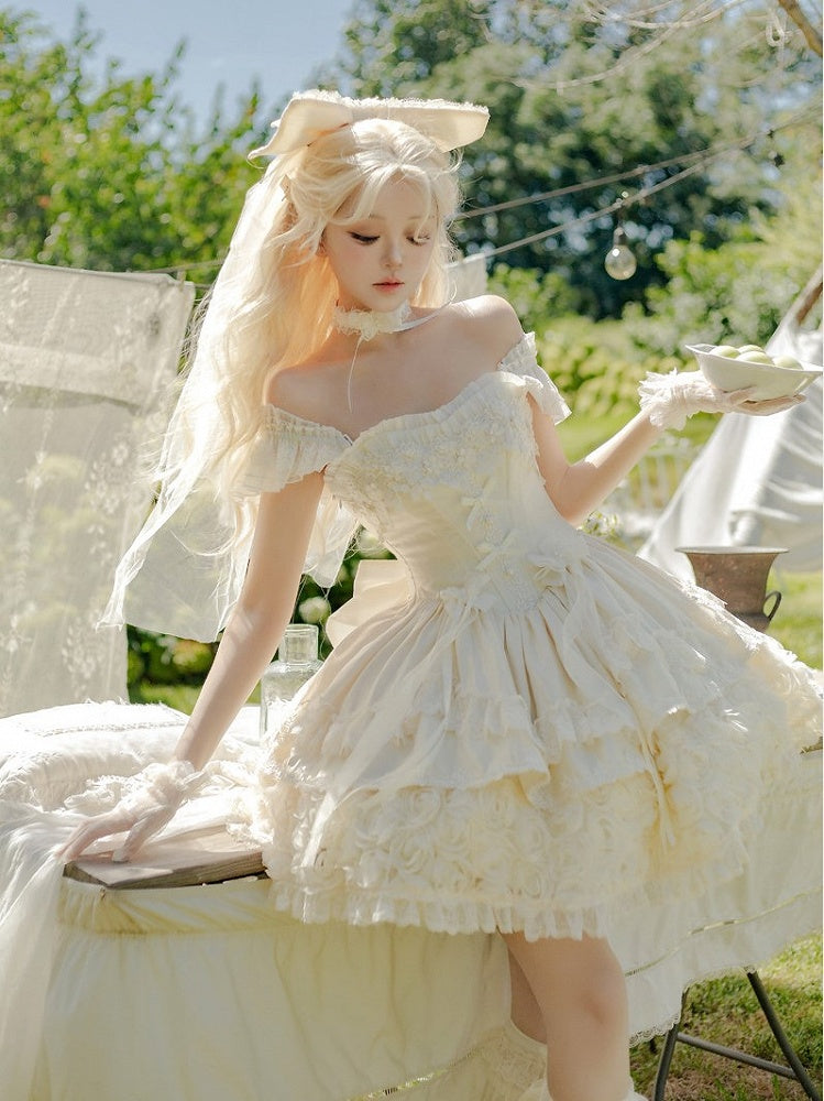 Blooming Hime Layered Lace Dress Lolita Accents Flower with Fluffy Champagne Waist Basque