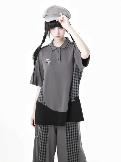 グレーのチェック柄パッチワークデザインポロカラーのゆったりカジュアルTシャツ